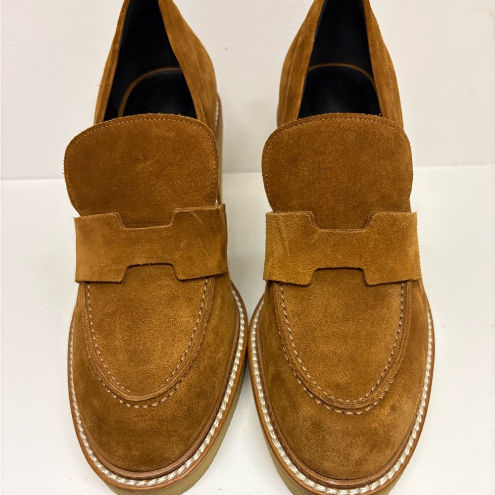 Hermes Didi 70 Cognac Suede Loafers With Heel Sz. 7.5